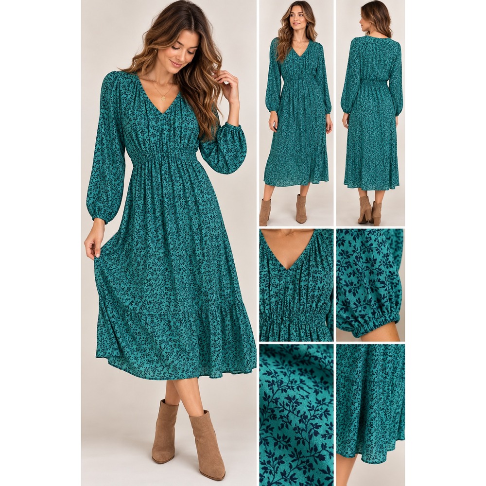 LOFT S Green Floral Midi Dress Smocked Long Sleeve Boho Cottagecore Romantic